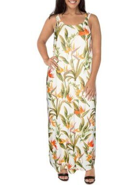 2Dye4 Tropical Floral Maxi Dress – White with Orange & Green Print – Women’s - M